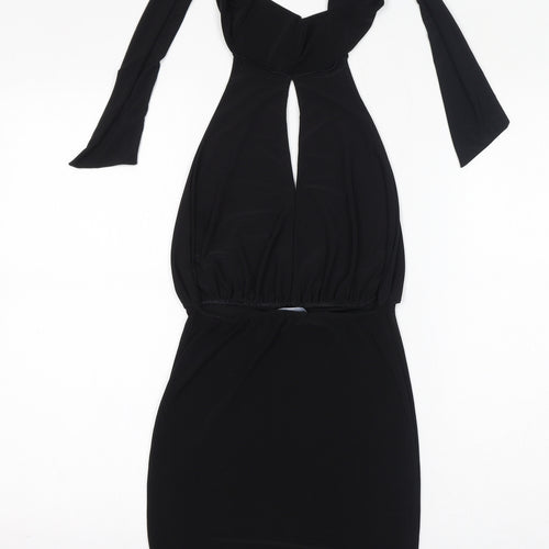 PRETTYLITTLETHING Womens Black Polyester Bodycon Size 6 Halter Tie - Keyhole Neck, Open Back