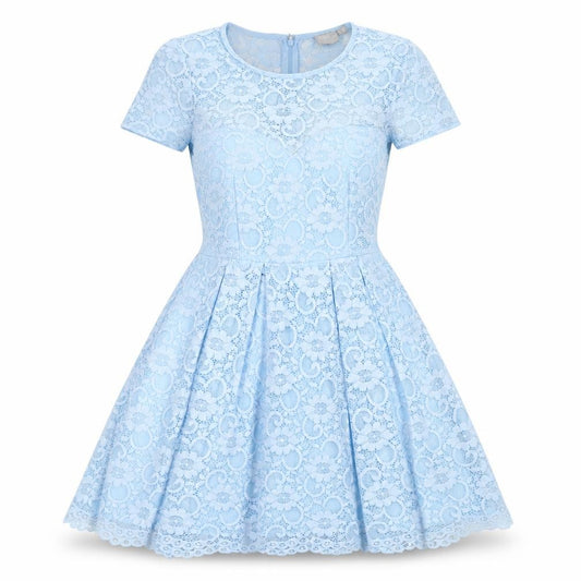 Front view of ASOS women’s blue polyester a-line, size UK 10, round neck zip