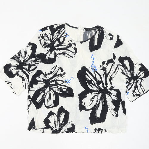 Zara Womens White Floral Polyester Basic Blouse Size M Round Neck