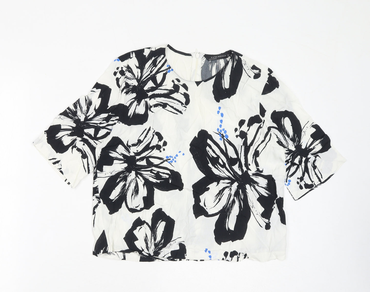 Zara Womens White Floral Polyester Basic Blouse Size M Round Neck