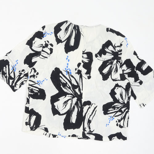 Zara Womens White Floral Polyester Basic Blouse Size M Round Neck