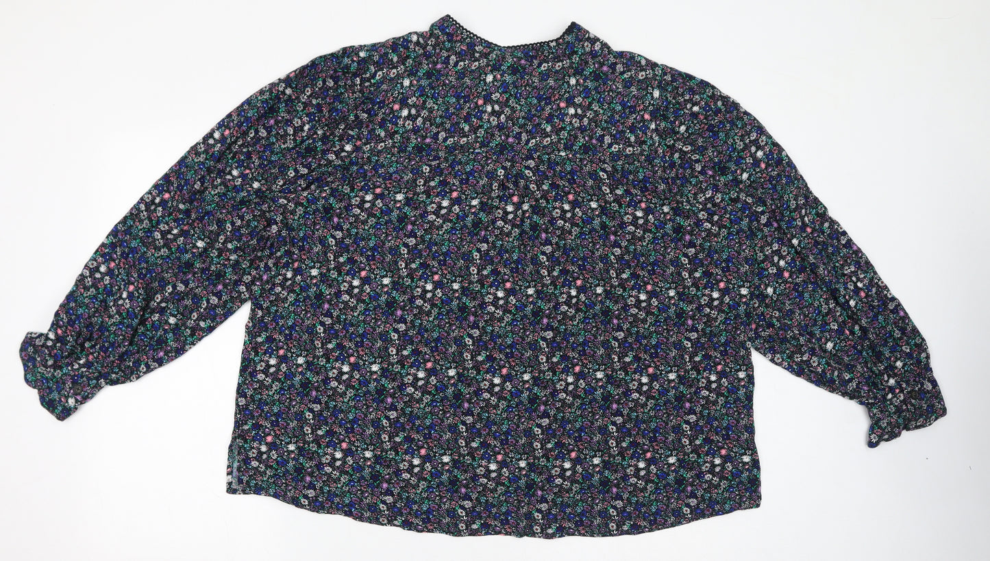 Marks and Spencer Womens Blue Floral Viscose Basic Button-Up Size 20 Round Neck