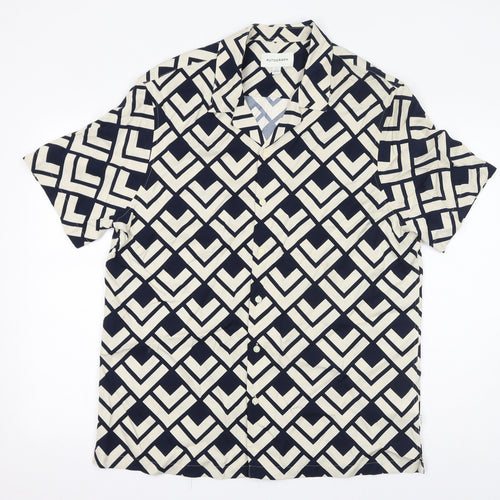 Autograph Womens Black Geometric Viscose Basic Button-Up Size L Collared - Unisex