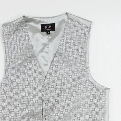 1860 Menswear Mens Silver Geometric Polyester Jacket Suit Waistcoat Size 36 Regular