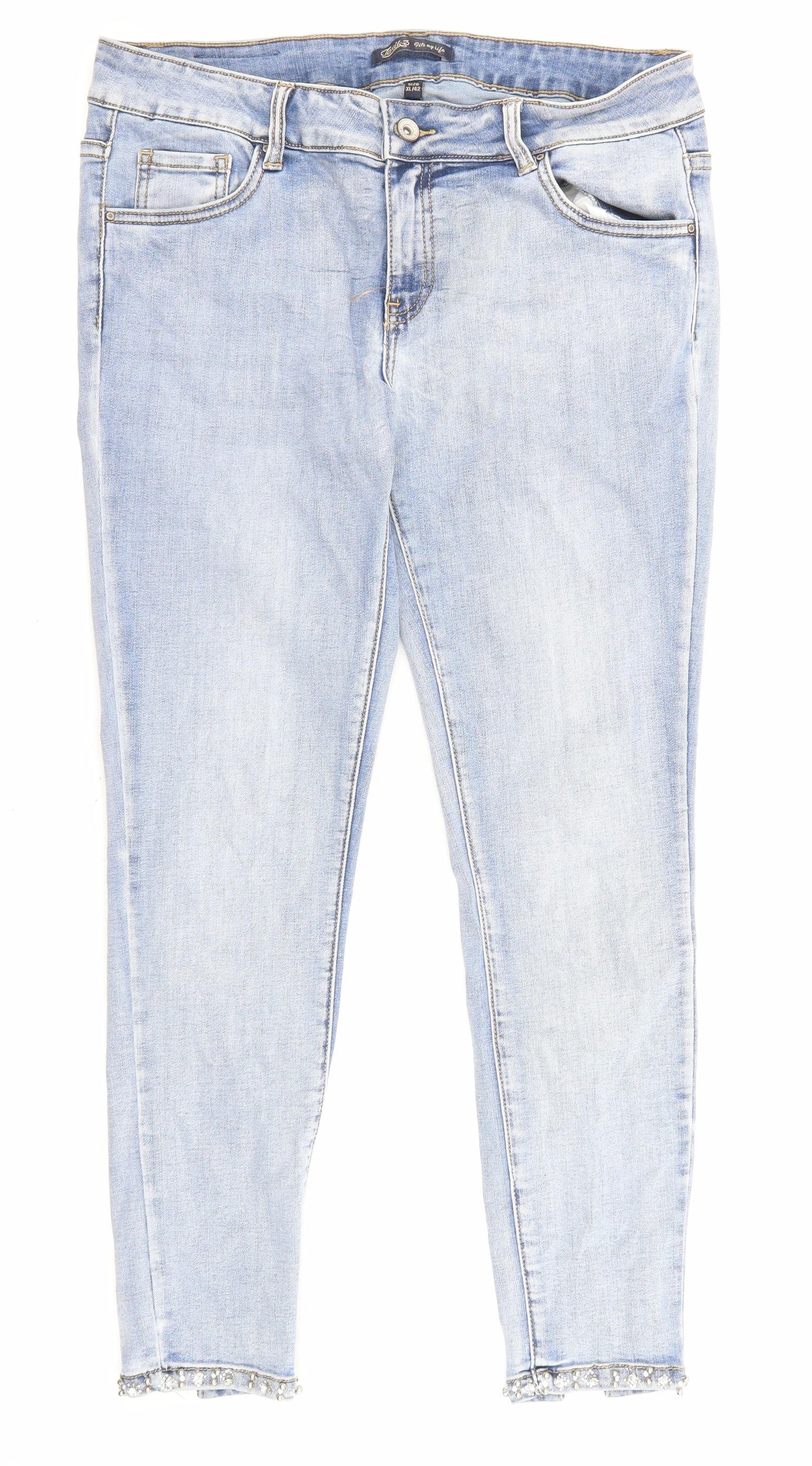 Toxik3 Womens Blue Cotton Straight Jeans Size 14 L26 in Regular Zip - Embellishment detail