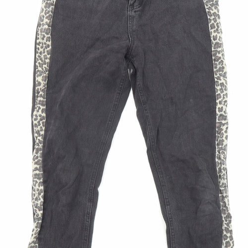 PRETTYLITTLETHING Womens Black Animal Print Cotton Straight Jeans Size 8 L25 in Regular Zip - Pockets