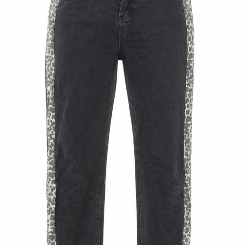 PRETTYLITTLETHING Womens Black Animal Print Cotton Straight Jeans Size 8 L25 in Regular Zip - Pockets