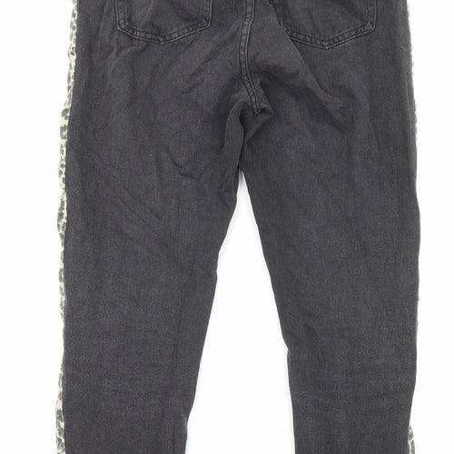 PRETTYLITTLETHING Womens Black Animal Print Cotton Straight Jeans Size 8 L25 in Regular Zip - Pockets