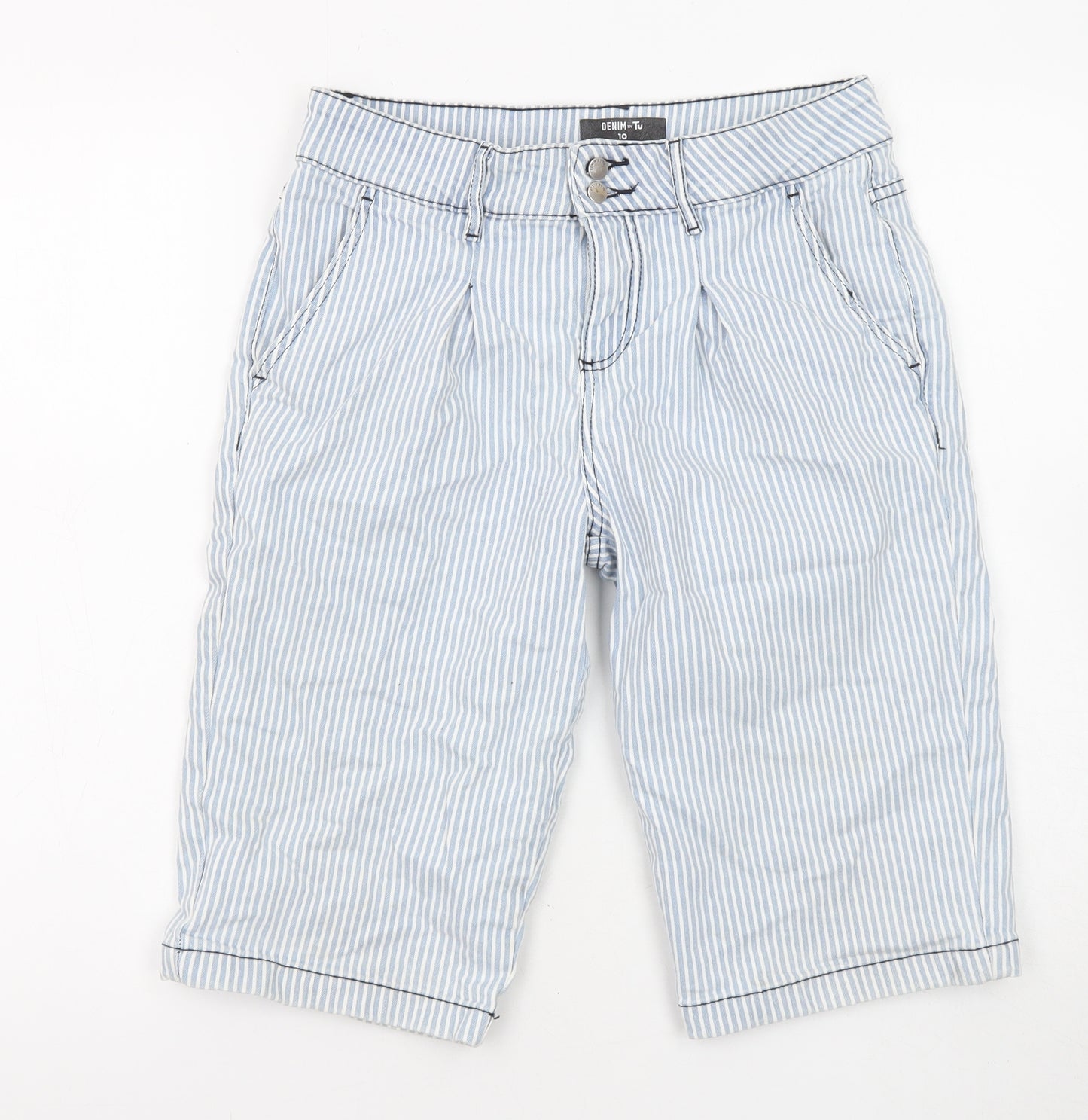 TU Womens Blue Striped Cotton Basic Shorts Size 10 L13 in Regular Zip - Pockets