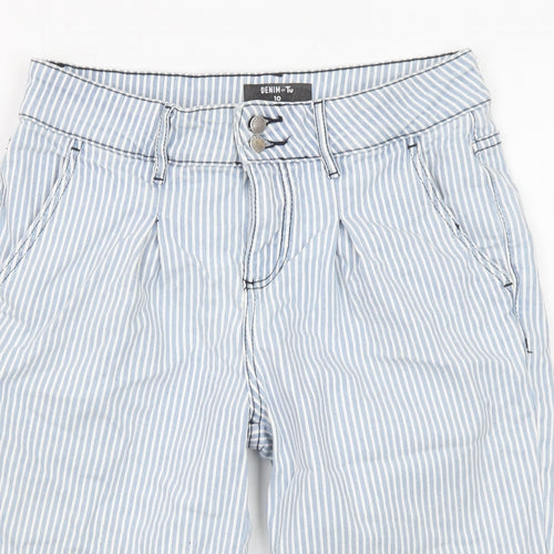 TU Womens Blue Striped Cotton Basic Shorts Size 10 L13 in Regular Zip - Pockets