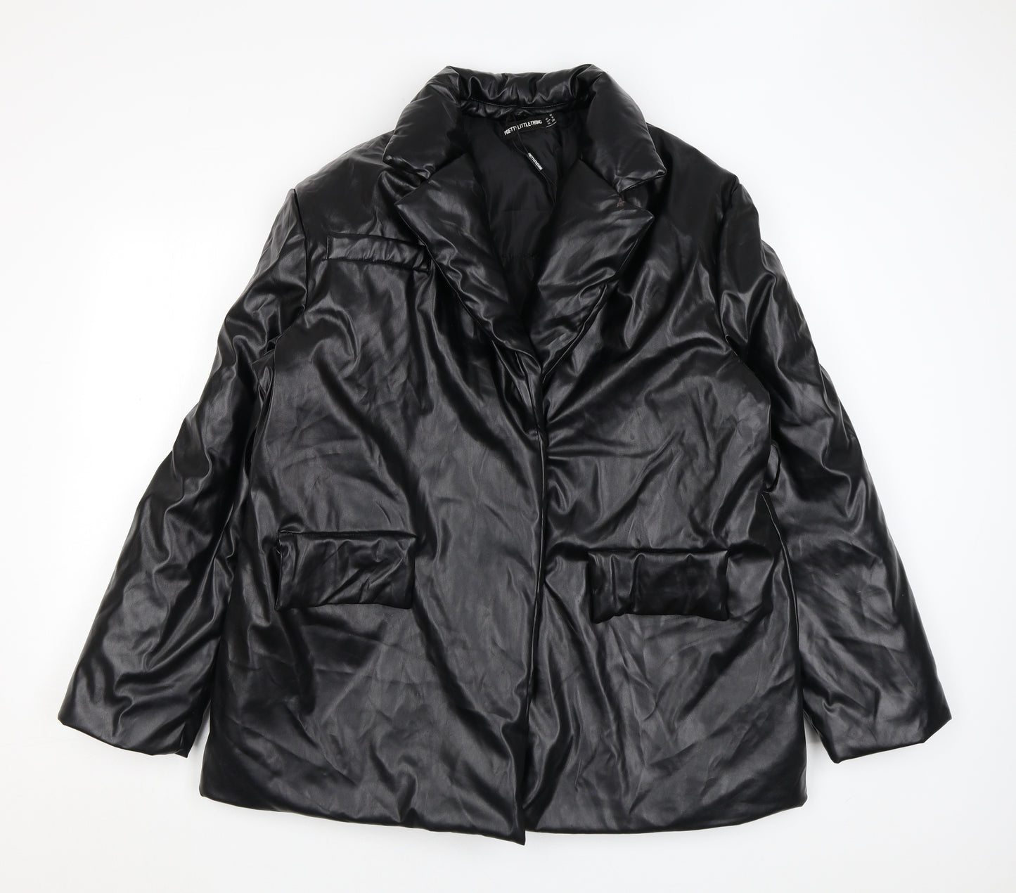 PRETTYLITTLETHING Womens Black Puffer Jacket Coat Size 10 Snap