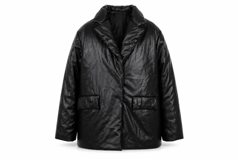 Front view of PRETTYLITTLETHING women’s black puffer jacket coat, size UK 10, snap