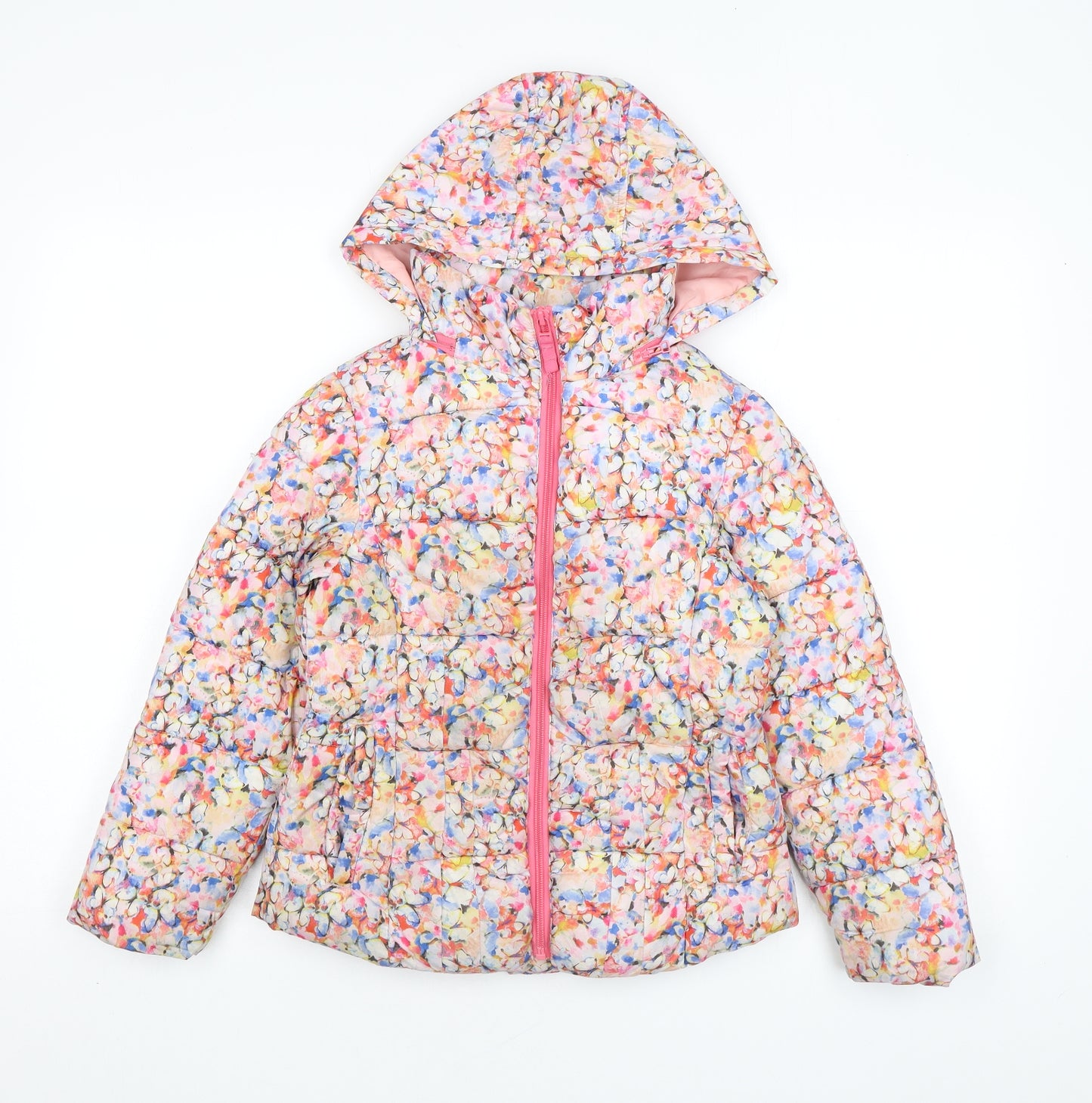 NEXT Womens Pink Floral Puffer Jacket Coat Size 8 Zip - Removable hood