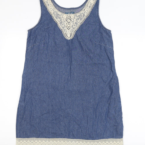 Evie Womens Blue Cotton A-Line Size 12 Scoop Neck Pullover - Lace