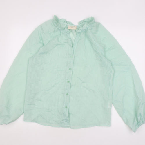 Primrose Womens Green Striped Polyamide Basic Blouse Size 10 V-Neck