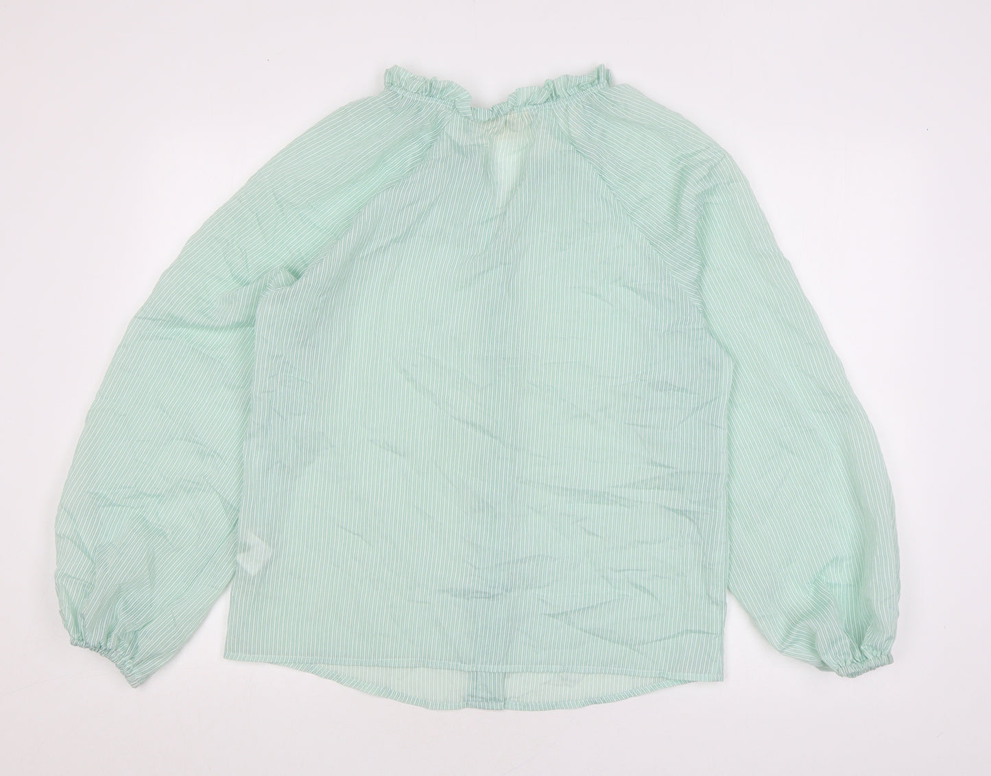 Primrose Womens Green Striped Polyamide Basic Blouse Size 10 V-Neck