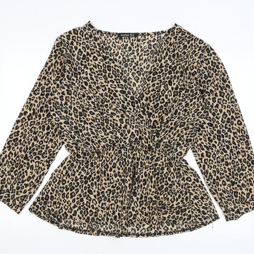 Boohoo Womens Brown Animal Print Polyester Wrap Blouse Size 18 V-Neck - Leopard Print