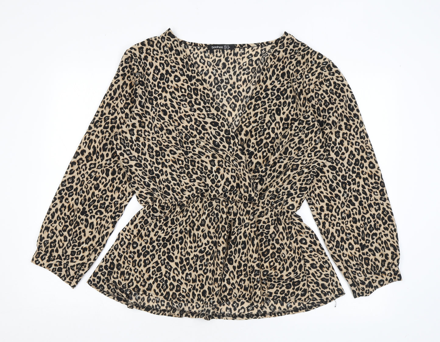 Boohoo Womens Brown Animal Print Polyester Wrap Blouse Size 18 V-Neck - Leopard Print