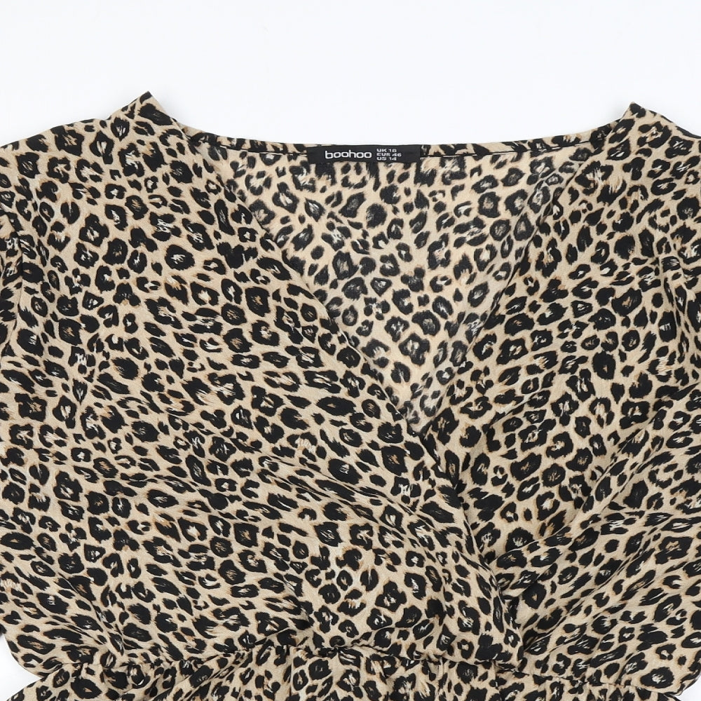 Boohoo Womens Brown Animal Print Polyester Wrap Blouse Size 18 V-Neck - Leopard Print
