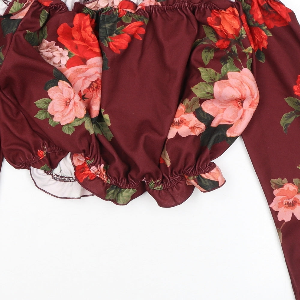 New Look Womens Purple Floral Polyester Basic Blouse Size 14 Off the Shoulder