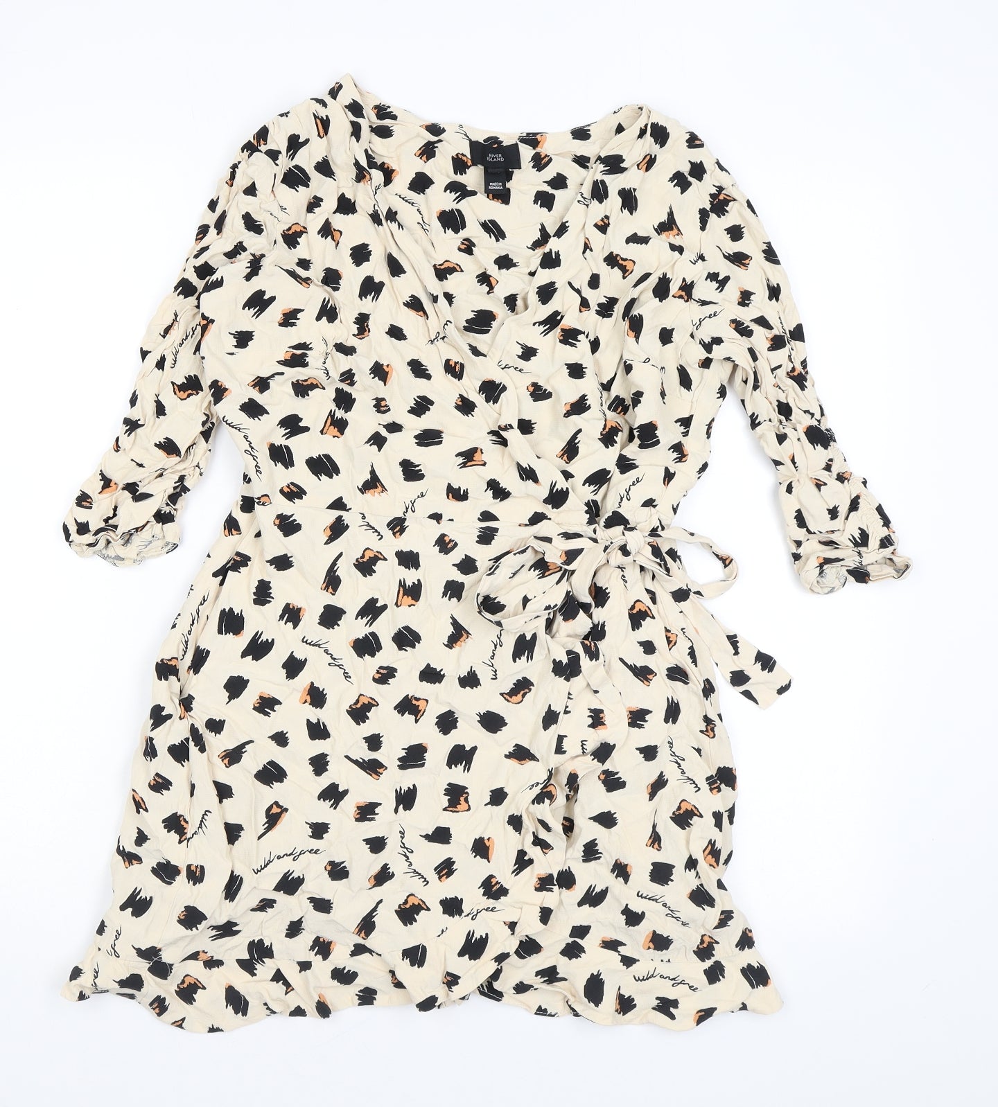 River Island Womens Beige Animal Print Viscose Wrap Dress Size 14 V-Neck Zip - Concealed shorts, Skort