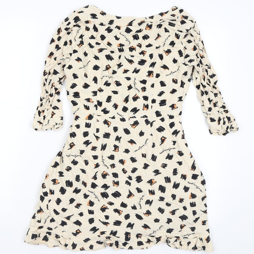 River Island Womens Beige Animal Print Viscose Wrap Dress Size 14 V-Neck Zip - Concealed shorts, Skort