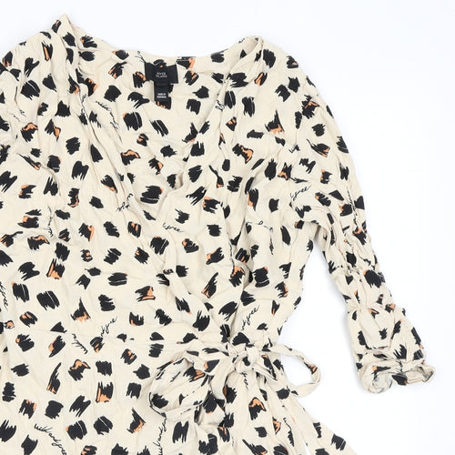 River Island Womens Beige Animal Print Viscose Wrap Dress Size 14 V-Neck Zip - Concealed shorts, Skort