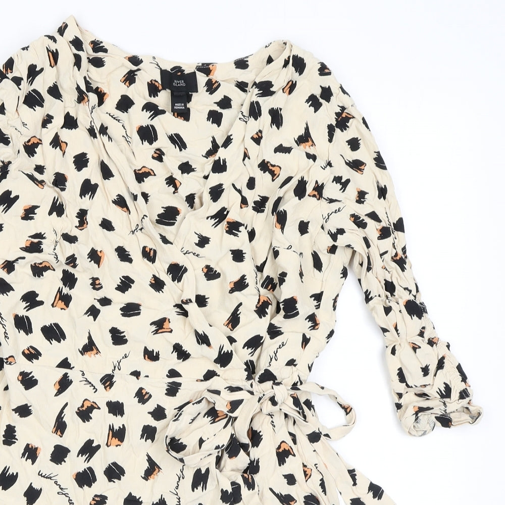 River Island Womens Beige Animal Print Viscose Wrap Dress Size 14 V-Neck Zip - Concealed shorts, Skort