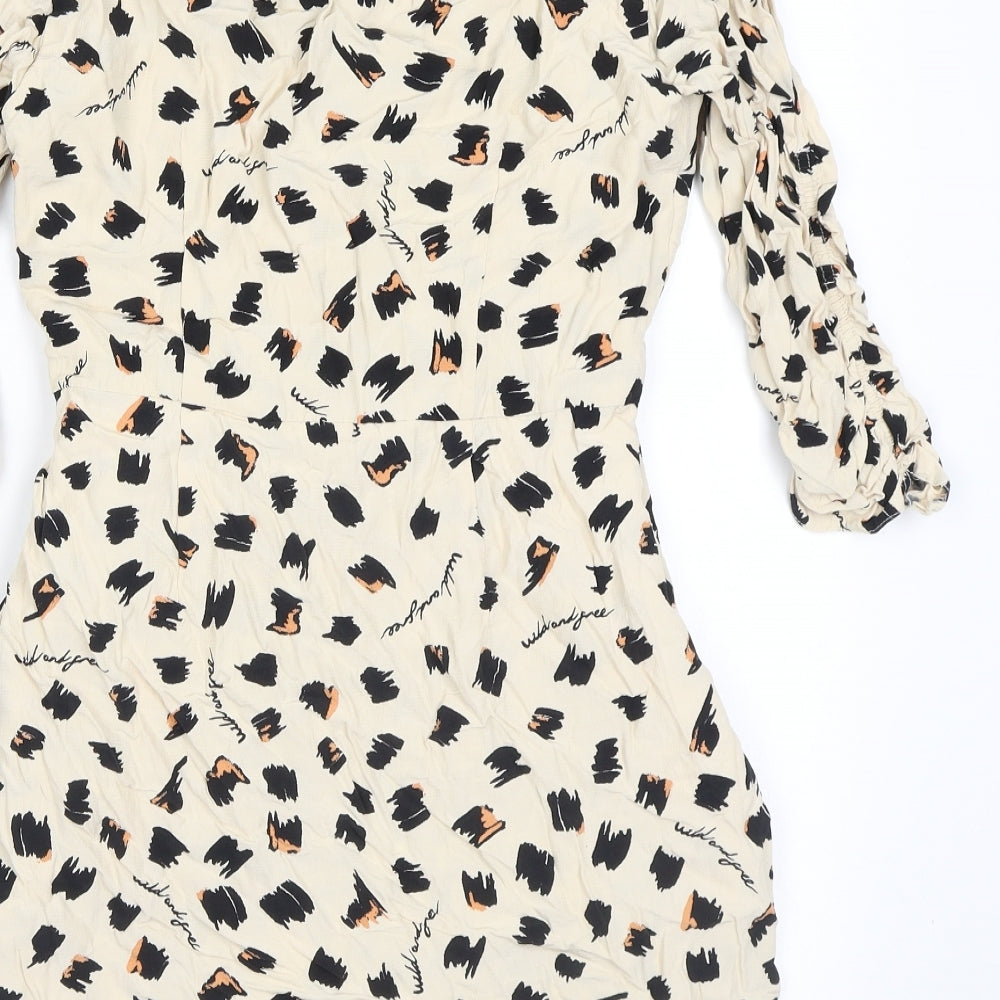 River Island Womens Beige Animal Print Viscose Wrap Dress Size 14 V-Neck Zip - Concealed shorts, Skort
