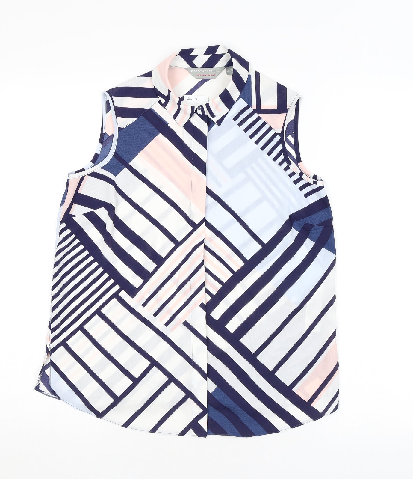 Dorothy Perkins Womens White Geometric Polyester Basic Button-Up Size 6 Collared