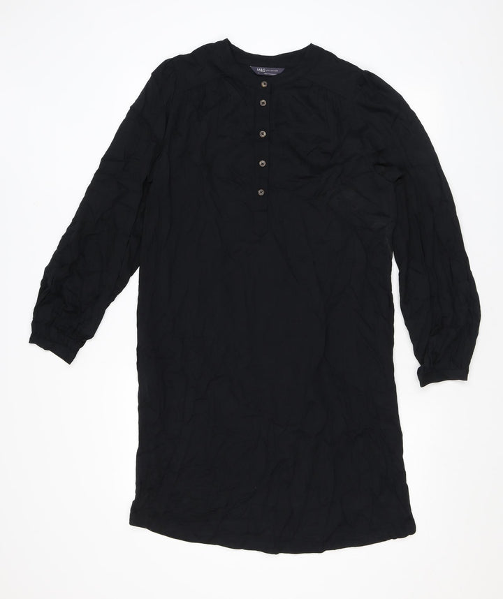 Marks and Spencer Womens Black Polyester Shirt Dress Size 10 Round Neck Button