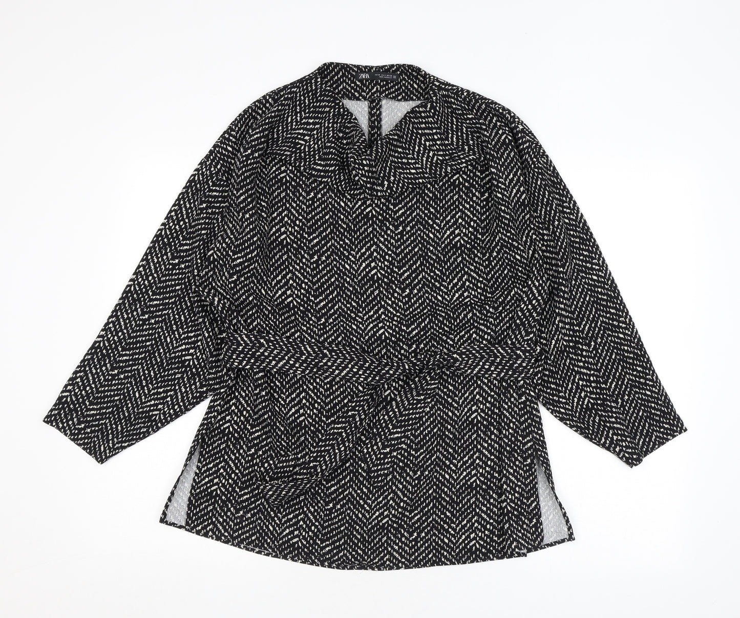 Zara Womens Black Geometric Polyester Basic Blouse Size M Cowl Neck - Tie