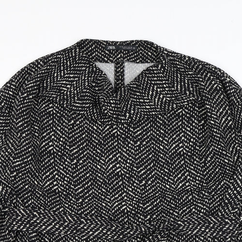 Zara Womens Black Geometric Polyester Basic Blouse Size M Cowl Neck - Tie