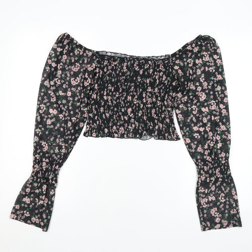 River Island Womens Black Floral Polyester Basic Blouse Size 8 Off the Shoulder