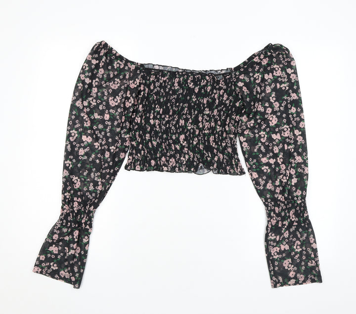 River Island Womens Black Floral Polyester Basic Blouse Size 8 Off the Shoulder