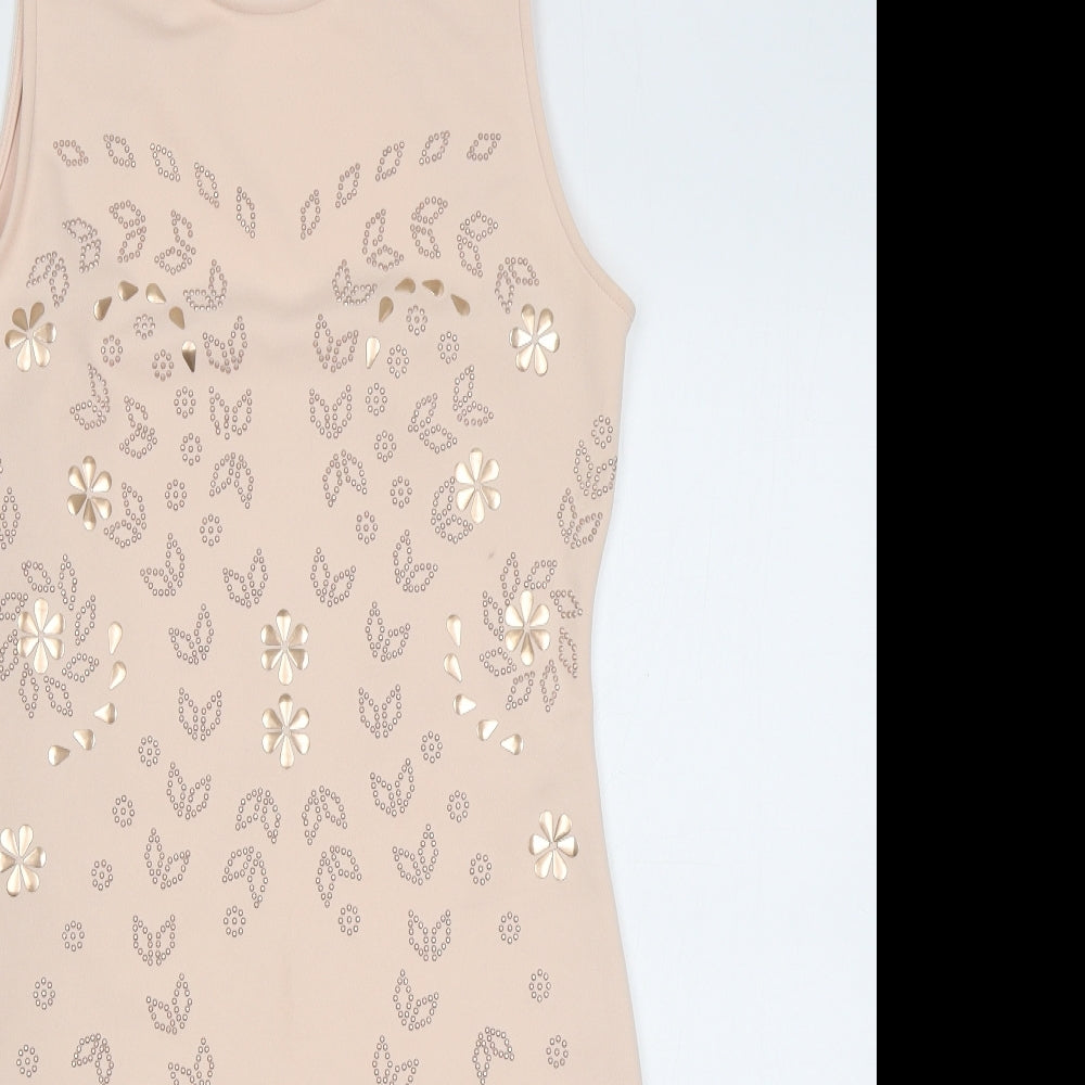 River Island Womens Pink Geometric Polyester Bodycon Size 14 Round Neck Button - Cutout