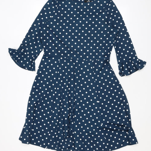 Wallis Womens Blue Polka Dot Polyester A-Line Size 12 Round Neck Button
