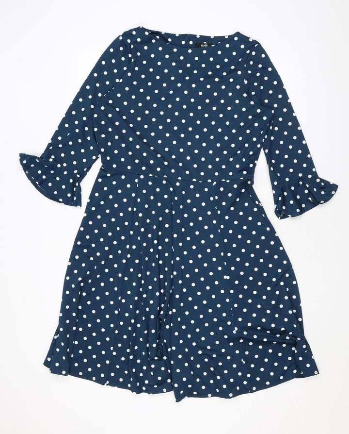 Wallis Womens Blue Polka Dot Polyester A-Line Size 12 Round Neck Button