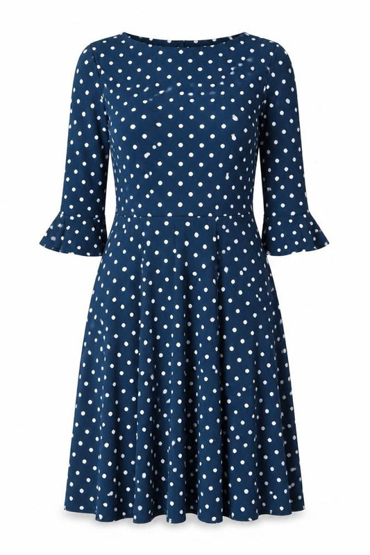 Front view of Wallis women’s blue polka dot polyester a-line, size UK 12, round neck button