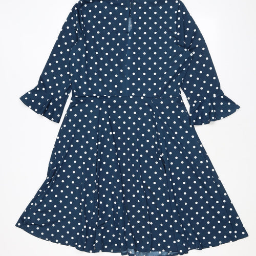 Wallis Womens Blue Polka Dot Polyester A-Line Size 12 Round Neck Button