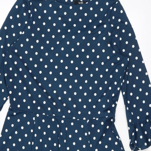Wallis Womens Blue Polka Dot Polyester A-Line Size 12 Round Neck Button