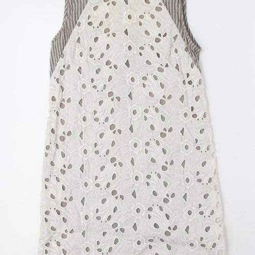 san & soni Womens White Floral Cotton A-Line Size S Round Neck Zip - Striped
