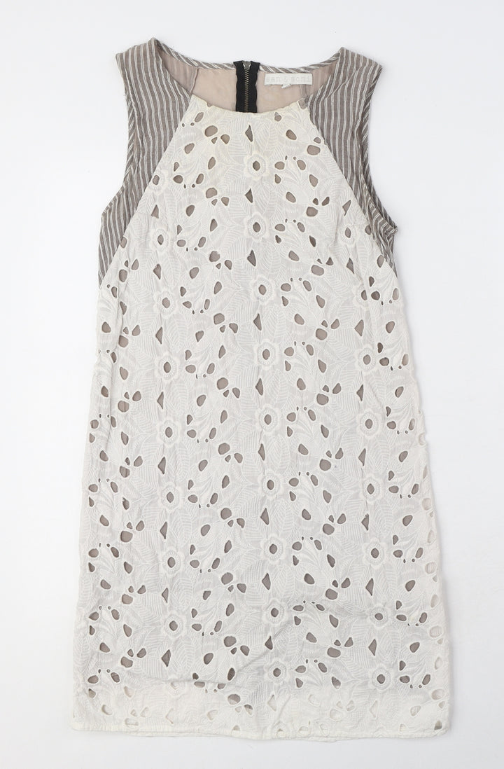 san & soni Womens White Floral Cotton A-Line Size S Round Neck Zip - Striped