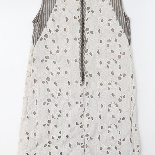 san & soni Womens White Floral Cotton A-Line Size S Round Neck Zip - Striped