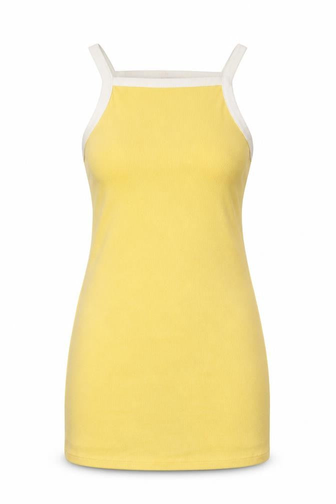 Front view of Monki women’s yellow cotton mini, size S, square neck pullover - ribbed