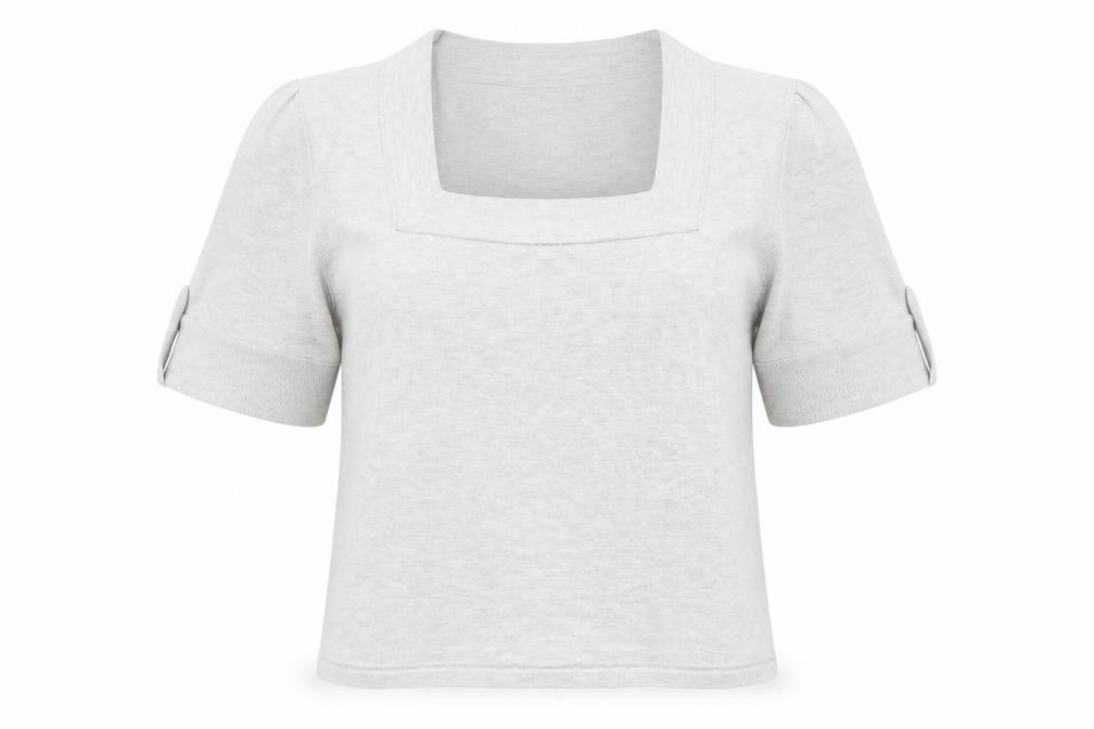 Front view of Minuet women’s grey viscose basic t-shirt, size UK 12, square neck