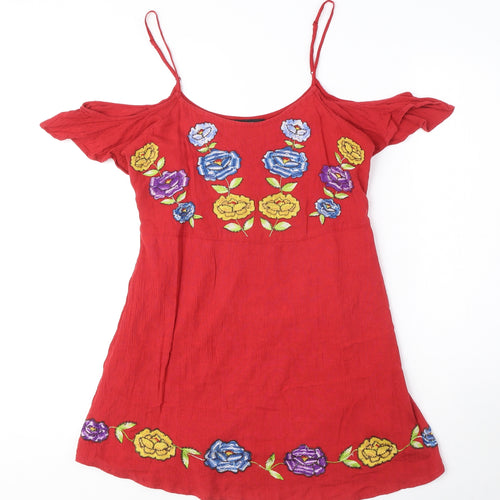 FOREVER 21 Womens Red Polyester Mini Size S Round Neck Pullover - Embroided flowers, Shoulder cut out