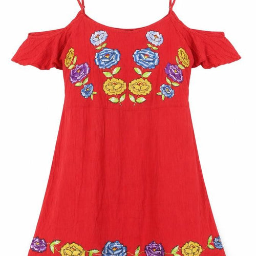 Forever 21 Womens Red Polyester Mini Size S Round Neck Pullover - Embroided flowers, Shoulder cut out