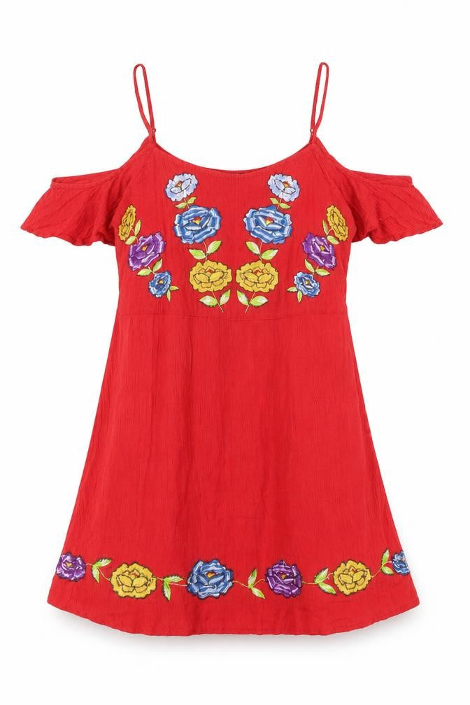 Forever 21 Womens Red Polyester Mini Size S Round Neck Pullover - Embroided flowers, Shoulder cut out