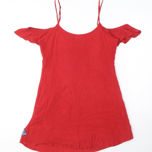 FOREVER 21 Womens Red Polyester Mini Size S Round Neck Pullover - Embroided flowers, Shoulder cut out